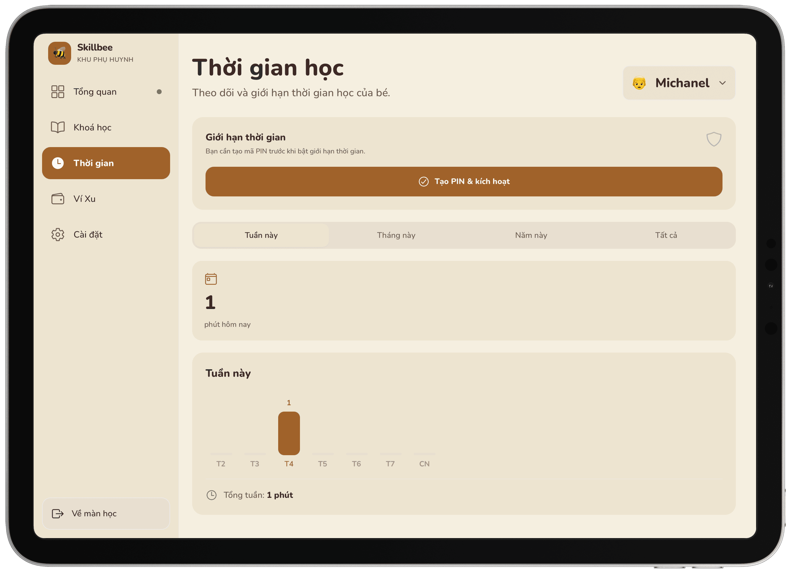 Màn hình quản lý thời gian học của SkillBee